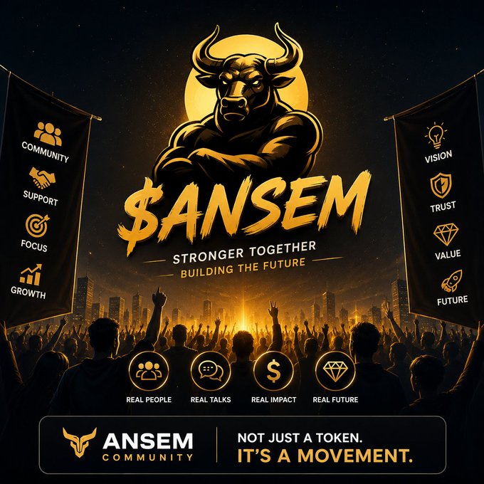 A promotional graphic for the $ANSEM community featuring a muscular bull centered against a glowing sun, flanked by banners listing core values (Community, Support, Focus, Growth, Vision, Trust, Value, Future) and pillars ("Real People, Real Talks, Real Impact, Real Future") above an enthusiastic crowd—visually reinforcing the post's message about committed community members building something bigger together through genuine engagement.