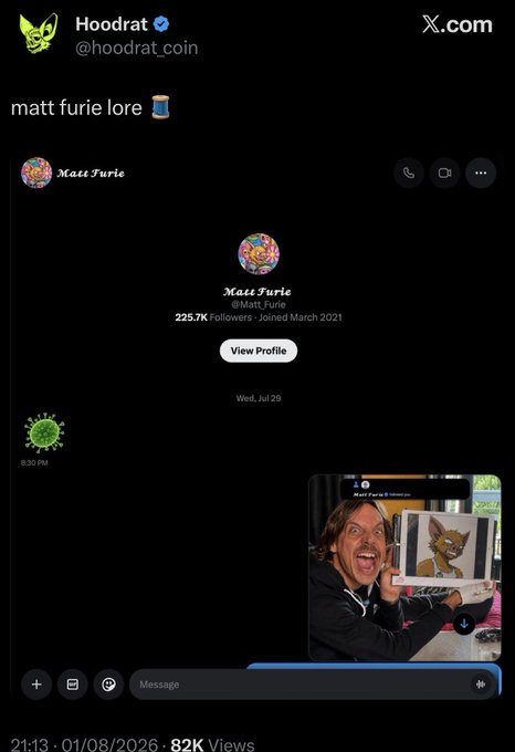 A tweet from @hoodrat_coin reading 'matt furie lore' with an attached image showing a person holding up a tablet displaying a furry character alongside what appears to be Matt Furie's profile (225.7K Followers, Joined March 2021).