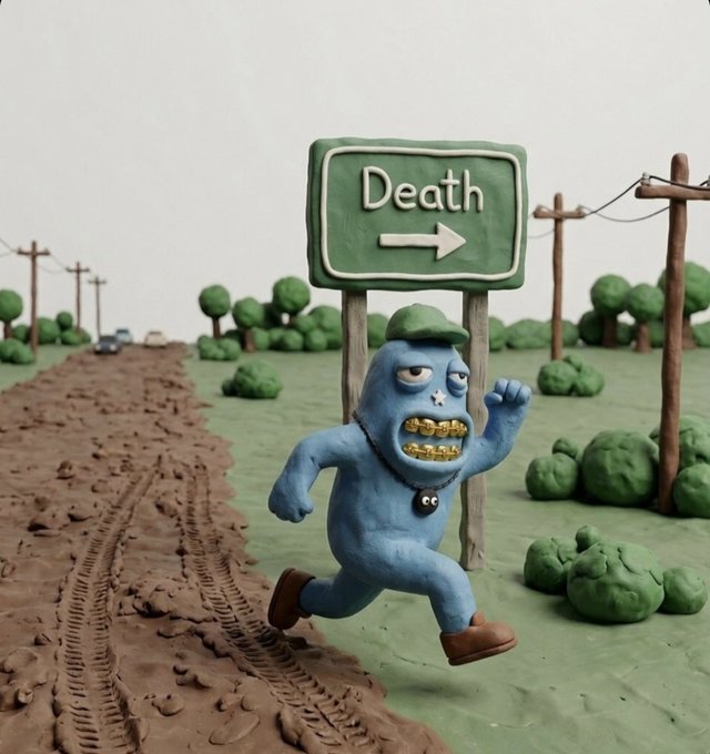 A blue claymation figure runs frantically past a green road sign reading "Death →" along a muddy tire-tracked road. The image humorously visualizes the post's reference to dodging death, likely symbolizing the volatile journey of a meme coin heading toward an AMA reveal on Discord at 4pm UTC.