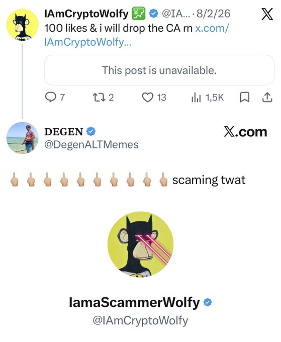 A screenshot of a social media post from @IAmCryptoWolfy promising to drop a CA (contract address) at 100 likes, followed by a quote-tweet calling them a 'scaming twat' and a profile picture update to 'IamaScammerWolfy'.
