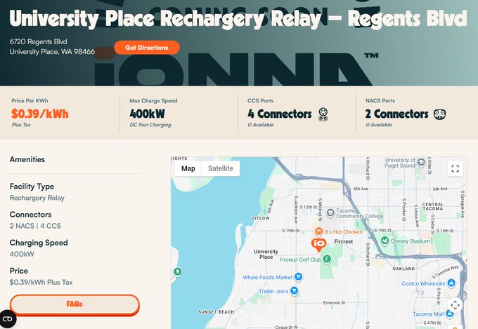 A webpage screenshot for 'University Place Rechargery Relay' at 6720 Regents Blvd, showing a 400kW Tesla charging station with 4 CCS and 2 NACS connectors at $0.39/kWh Plus Tax.