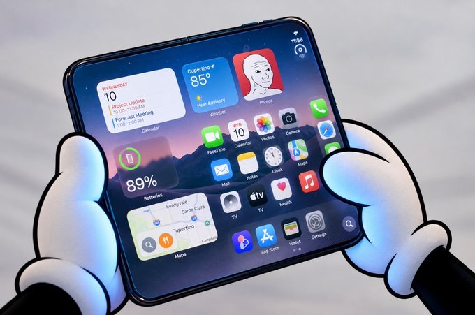 A smartphone displays its home screen featuring various app icons including Calendar, Weather, Photos, FaceTime, Camera, Maps, and an 89% battery indicator, while being held by cartoon-style white-gloved hands.