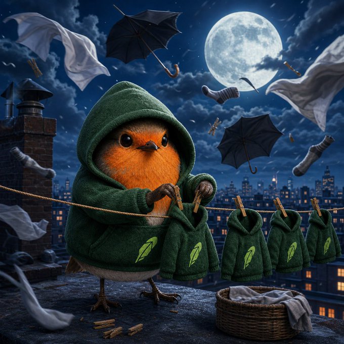 AI-generated illustration of a robin wearing a green hoodie hanging tiny green hoodies on a clothesline on a rooftop at night, with umbrellas and socks flying against a full moon.