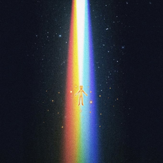 A small, glowing humanoid figure floats in a dark, starry space, illuminated by a vertical beam of rainbow-colored light.