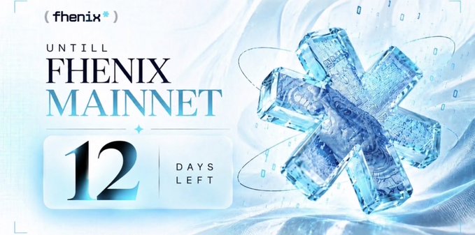 A promotional countdown graphic for 'fhenix' mainnet launch, showing 'UNTILL FHENIX MAINNET 12 DAYS LEFT' alongside an icy, crystalline snowflake/asterisk design on a light blue background.