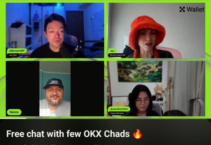 The image displays a video podcast split into four panels featuring participants including @BunsanXBT (Host, OKX), Jen (Resident Design, OKX), Danny, and @yanyionchain (Product Marketing), with a banner reading "Free chat with few OKX Chads 🔥" that aligns with the post about a YouTube conversation with OKX team members sharing advice and insights.