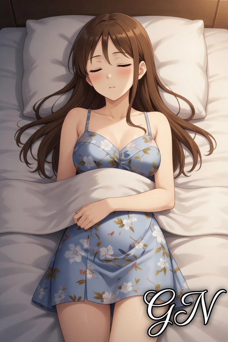An anime-style illustration of a sleeping woman with brown hair wearing a blue floral nightgown, covered by a blanket in bed, with a 'G.N' watermark.