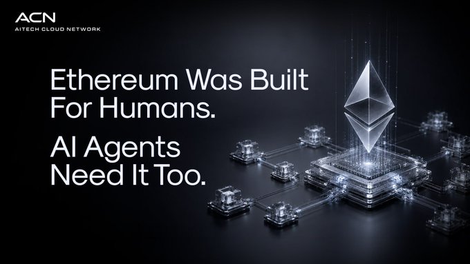 The image shows a large screenshot of an "Ethereum was built for humans. AI Agents Need It Too." The main elements in the screenshot include a networked, abstract design depicting the concept of Ethereum and an array of connected cubes or blocks representing transactions. The text on the screen is bold and reads, "Ethereum Was Built For Humans. AI Agents Need It Too." This image serves as a visual representation of the core concept behind Ethereum: leveraging blockchain technology to facilitate transactions and user-generated content across various industries.
