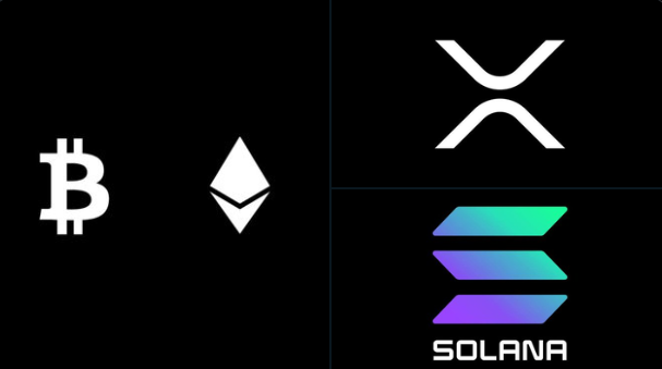 A graphic displaying the logos of Bitcoin (₿), Ethereum (Ξ), XRP, and Solana (SOL) accompanies the post, representing the four cryptocurrencies with notable institutional ETF flows—highlighting Bitcoin's strong inflow dominance and Ethereum's outflow, as referenced in the accompanying data.