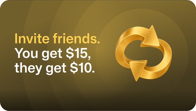 A promotional graphic with a gold and dark olive background features the text "Invite friends. You get $15, they get $10." alongside a 3D golden circular arrow symbol, visually reinforcing the post's message about Solid's referral rewards program that benefits both the referrer and the new user.