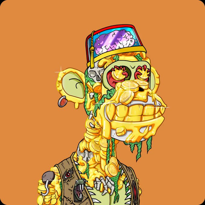 A colorful cartoon-style digital illustration of a gold-covered skeletal zombie character with glowing red eyes wearing a red cap against an orange background.