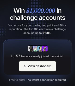 Promotional graphic offering $1,000,000 in challenge accounts, with 1,157 traders already on the waitlist, featuring a 'View dashboard' button.