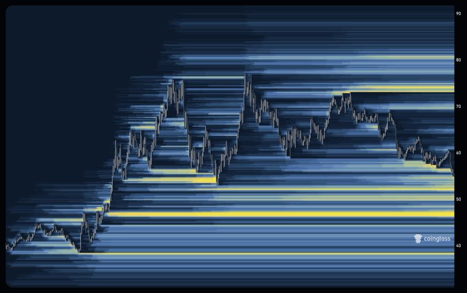 A 3-month $HYPE liquidity heatmap from Coinglass displays horizontal yellow liquidity clusters, with prominent bands concentrated around $46 and $50, supporting the post's note about a major liquidity cluster below the current price level.