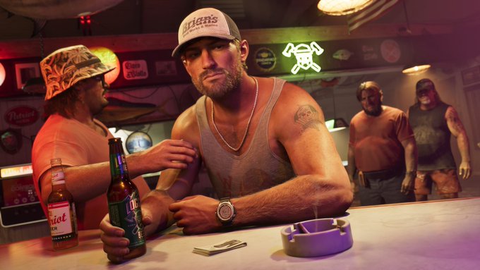 A cinematic illustration of a man in a 'Saints' baseball cap and grey tank top sitting at a bar holding a green bottle, with other patrons and neon signs visible in the background.