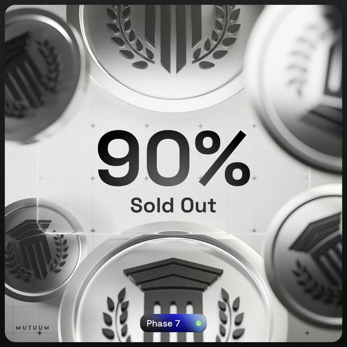 Promotional graphic showing "90% Sold Out" with a "Phase 7" badge, featuring silver coins with pillar/laurel designs branded as "MUTUUM".