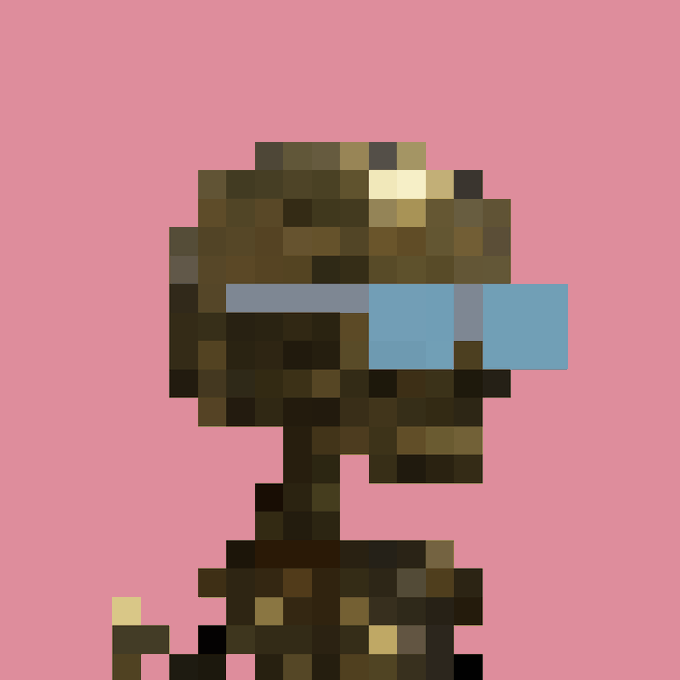 A pixelated brown figure with a blue visor or mask is depicted against a pink background, appearing to wear a helmet or hood. The image, styled like a retro video game sprite, visually accompanies the post about picking up "argonauts steals," possibly referencing a character or item within a gaming context.