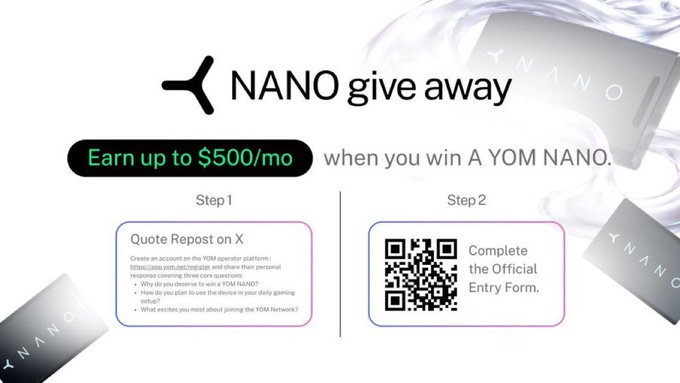 A promotional graphic for a "NANO give away" by YOM, offering the chance to "Earn up to $500/mo" with a two-step process: Step 1 is to "Quote Repost on X" by creating an account on the YOM operator platform and answering questions, and Step 2 is to "Complete the Official Entry Form" via QR code. The image ties into the post by showcasing the giveaway of a YOM NANO device, encouraging users with powerful PCs to utilize their idle hardware for decentralized computing.