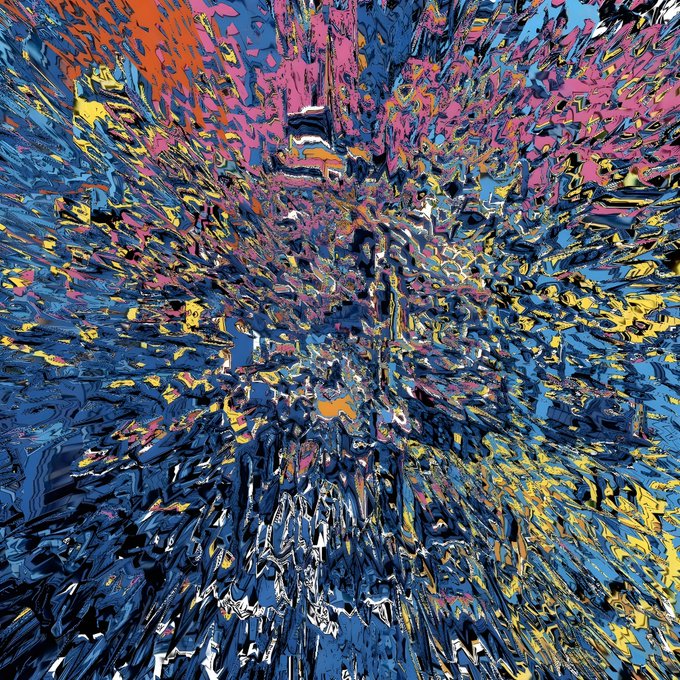 The image features a vibrant, abstract painting with a multitude of colors and shapes that appear to be splattered or thrown together in an artistic manner. The background of the painting is predominantly blue, while the foreground contains various shades of pink, yellow, and white. The painting seems to have been created using a technique called "sharding", which involves dividing the image into multiple smaller pieces and combining them later. 

The post includes two links: one that reads "Happy Friday" and another that says "Shard #1". These are likely descriptions of specific parts or sections within the painting, possibly related to the artist's intentions or techniques used in creating this unique piece of art.