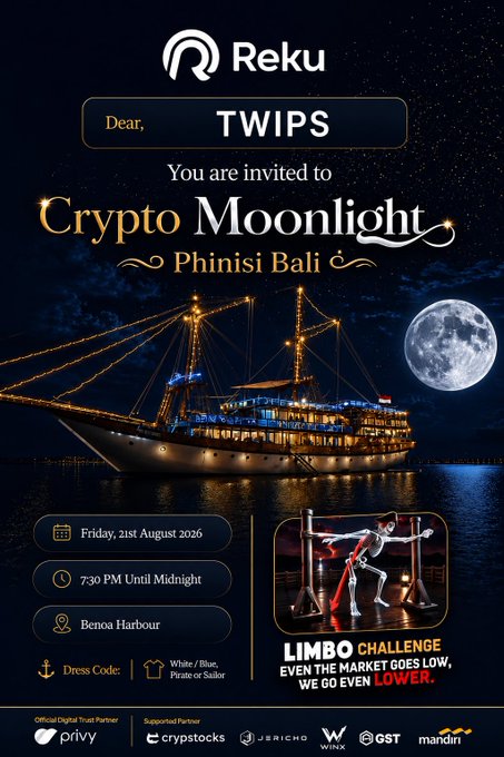 The image is an invitation from Reku to attend "Crypto Moonlight Phinisi Bali" on Friday, 21st August 2026, from 7:30 PM until Midnight at Benoa Harbour, featuring a limbo challenge with the tagline "Even the market goes low, we go even lower." The dress code is white/blue, pirate or sailor attire, and the event ties to the post by highlighting an exciting side event during Coinfest Asia where attendees can network with crypto OGs in Bali aboard a beautifully lit Phinisi ship.