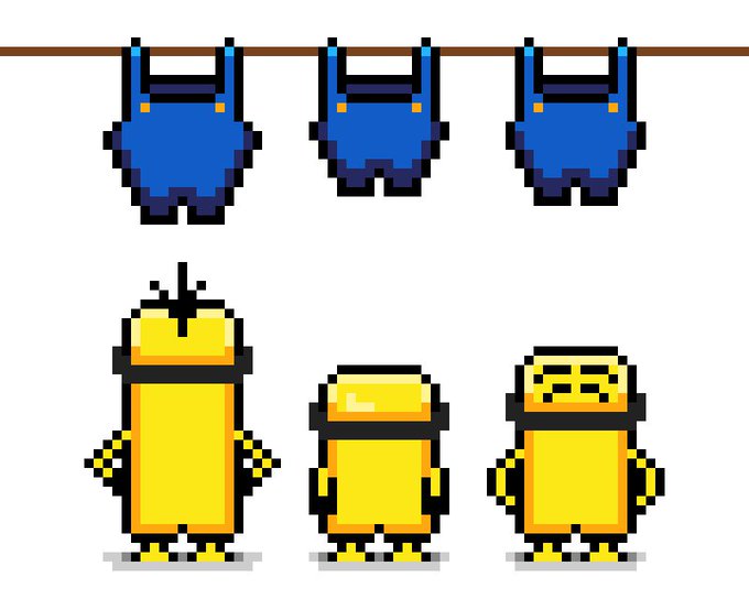Pixel art showing three blue overalls hanging on a clothesline above three yellow figures in different poses, with the leftmost figure featuring a small tuft of hair on its head.