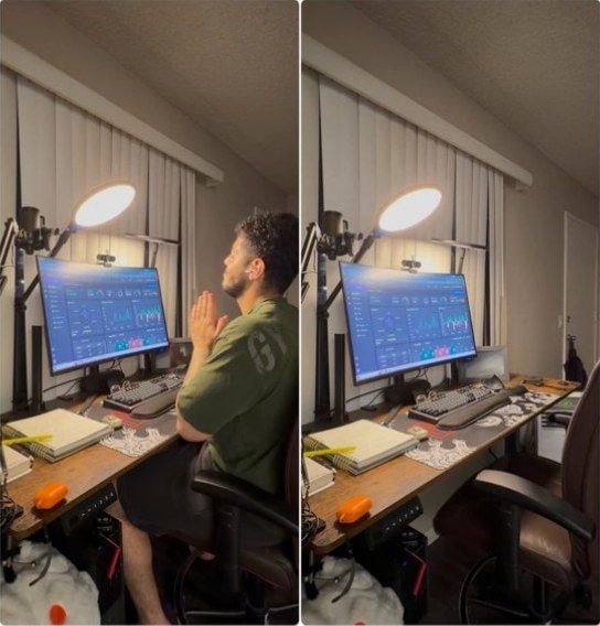A side-by-side meme showing a man at his trading desk praying at his multi-monitor setup in the left panel, while the right panel shows the same setup with him absent, suggesting he has left to manage his trades elsewhere.