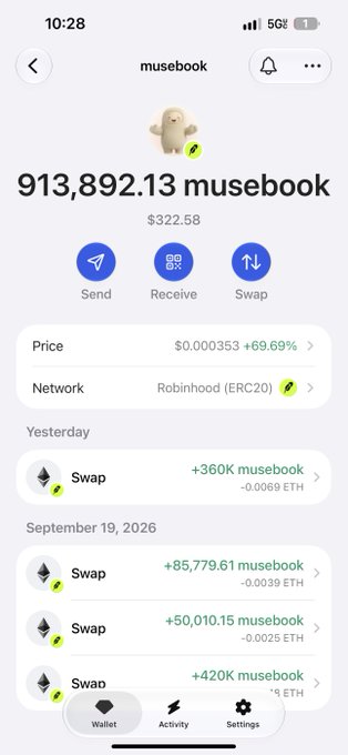 A mobile wallet screenshot displays a balance of 913,892.13 musebook tokens valued at $32.58, showing recent swap transactions on the Robinhood (ERC20) network with a +69.69% price increase.