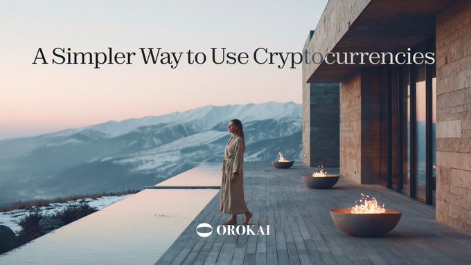 A promotional banner for 'OROKAI' reading 'A Simpler Way to Use Cryptocurrencies', featuring a woman in a robe standing on a terrace overlooking snowy mountains with fire pits.