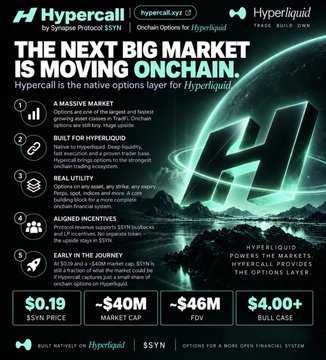 A Hyperliquid promotional graphic titled 'THE NEXT BIG MARKET IS MOVING ONCHAIN' lists five reasons with statistics including '$0.19 $HYP PRICE,' '~$40M MARKET CAP,' '~$46M FDV,' and '$4.00+ BULL CASE,' noting 'Hypercall is the native options layer for Hyperliquid' and 'Synapse Protocol SSYN.'