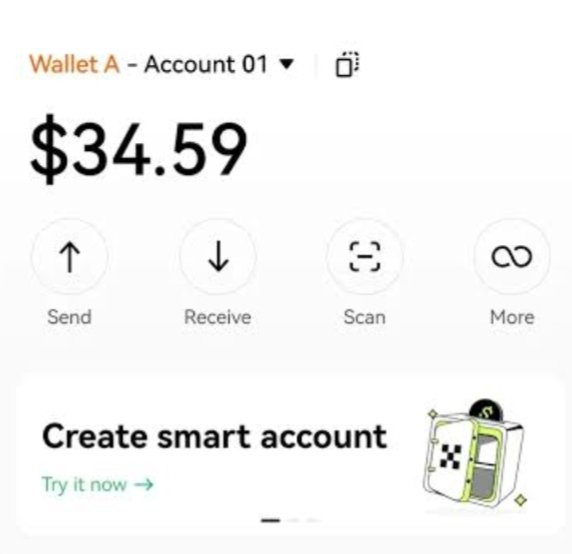 A cryptocurrency wallet app shows 'Wallet A - Account 01' with a balance of $34.59, featuring Send, Receive, Scan, and More options, plus a 'Create smart account' promo.