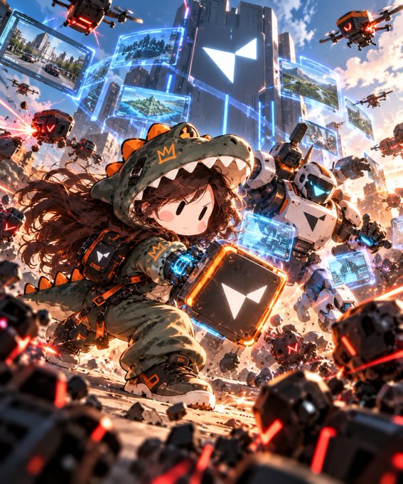 A chibi-style anime character in a dinosaur costume holds an orange glowing cube, surrounded by robots and floating screens in a futuristic battle scene.