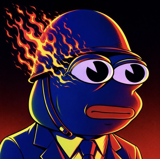 The image features a cartoon character wearing a helmet with flames coming out of it, giving him an intense and fiery appearance. The character appears to be a frog or a panda bear, depending on the interpretation. The background of the image is dark red, which contrasts with the bright colors of the character's outfit and adds intensity to the scene. The caption provided below the image reads: "Memecoins move fast. Most people were looking for the next pump when $PFP launched. Today, a lot of those pumps are dust. It’s enough time to watch narratives rise and fall, projects explode and disappear, and".
