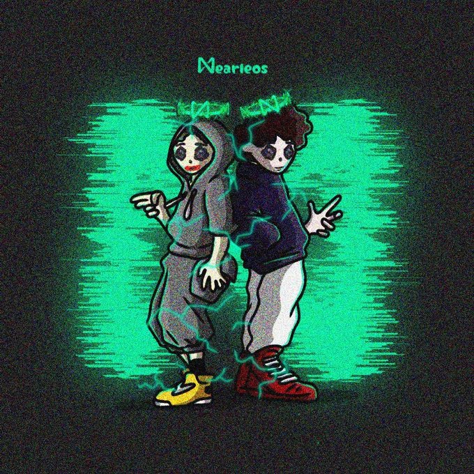 Digital illustration of two cartoon figures with stylized spiky hair, one in a gray hoodie with yellow sneakers and the other in a dark top with red sneakers, standing against a glitchy green and black backdrop.