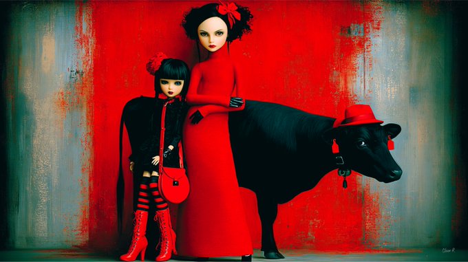 An artistic illustration of two stylized figures in red and black outfits with red hair accessories standing next to a black bull wearing a red hat, against a red and teal painted background.