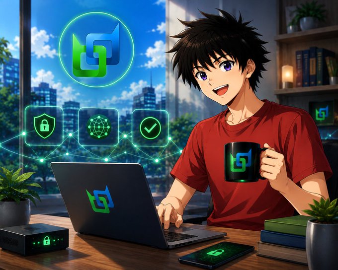 An anime-style illustration of a smiling young man in a red shirt sitting at a desk with a laptop and mug, both displaying a green interlocking logo, alongside floating digital security icons.