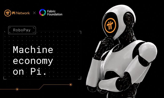 A promotional graphic featuring a white humanoid robot with an orange Pi Network logo on its face, alongside text reading 'Pi Network × Fabric Foundation', 'RoboPay', and 'Machine economy on Pi.'
