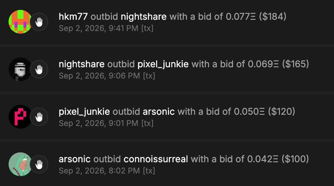 A screenshot of an outbid chat log showing escalating crypto bids: arsonic ($100), pixel_junkie ($120), nightshare ($165), and hkm77 ($184), all dated Sep 2, 2026.