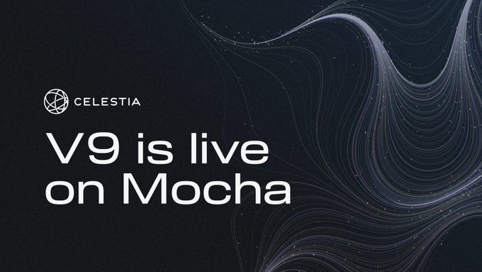 The image features a black background with white text that reads "V9 is live on Mocha". The caption below the image explains that the block time has been halved, resulting in faster confirmations for users who are using networks running on Celestia.