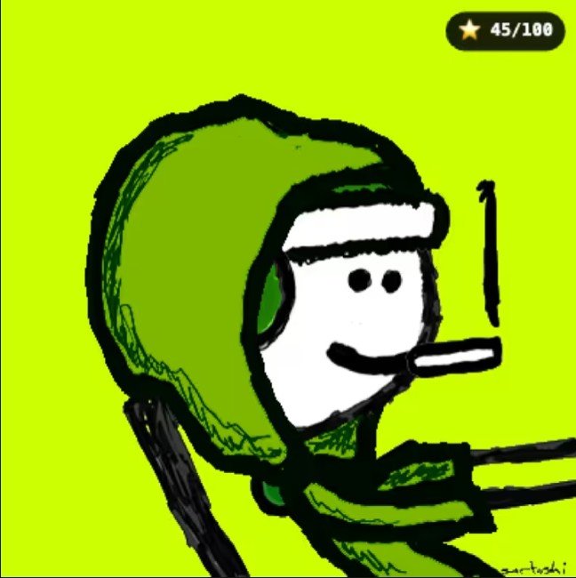 A cartoon-style digital drawing on a bright green background depicts a stick-figure character wearing a green helmet, smoking a cigarette, with "45/100" and a star icon in the top right corner and "@artoshi" signed in the bottom right.