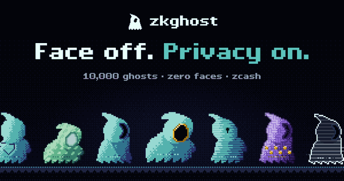 A 'zkghost' promotional banner with the tagline 'Face off. Privacy on.' and '10,000 ghosts · zero faces · zcash', displaying a row of seven colorful pixel-art ghost characters against a dark background.