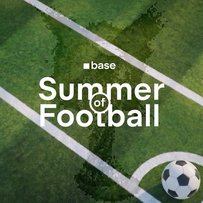 The image features a soccer ball placed on top of a green field with white lines. Below the soccer ball, there's text that reads "Summer of Football" followed by an image of a soccer field with a map of the world drawn on it in the background. The caption at the bottom of the image states "I love football also love @base This summer, the most beautiful game is on Base".