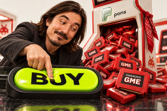 A promotional image showing a man pressing a green 'BUY' button next to a display of 'GME' tokenized candy bars with 'pons' branding.