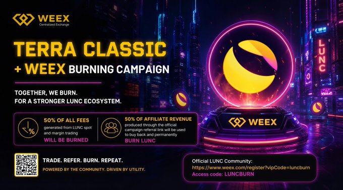 A promotional banner for WEEX and Terra Classic announces a burning campaign in which 50% of all LUNC spot and margin trading fees, along with 50% of affiliate revenue, will be permanently burned to support the LUNC ecosystem. The futuristic neon-styled graphic features the WEEX and LUNC logos alongside a QR code and registration link (https://www.weex.com/register?vipCode=luncburn) for joining the initiative.
