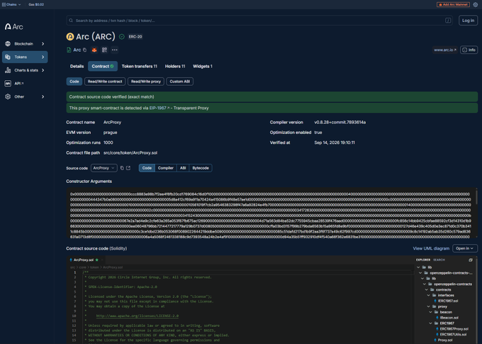 The image shows a Blockscout blockchain explorer page displaying the "ArcProxy" contract (0xC...80) for the $ARC token on chain 56, marked as EIP-1967 Transparent Proxy and verified on Sep 14, 2026. This aligns with the announcement that the @arc team has minted the $ARC token as a technical milestone ahead of its future launch.