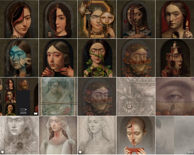 The image displays a grid of surreal digital portraits featuring stylized faces, with '2025' and '0:13' visible in the corners, representing an NFT collection available on @objktcom.
