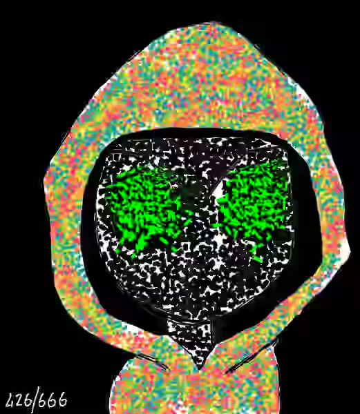 A glitchy digital artwork of a stylized figure with a colorful static-noise head and a black face containing green scribbled eyes, numbered 426/666.