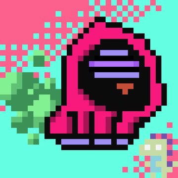 A pixel art illustration depicts a hooded character in a bright pink robe with a black, obscured face standing next to a small green plant against a pink and cyan background.