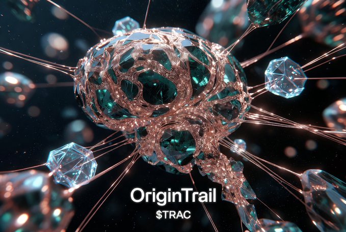 The image features a 3D rendering of a brain with intricate details, surrounded by numerous small diamonds that create an artistic and futuristic appearance. The text "OriginTrail" is prominently displayed at the bottom of the image, indicating the project's name or theme. The background of the image is dark blue, which contrasts with the bright colors of the brain and diamonds. The overall composition suggests a connection to the emerging field of AI agents and their role in supply chain traceability for big companies.
