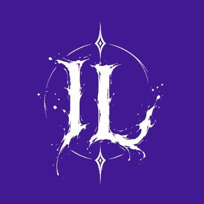 A stylized white letter "L" with decorative gothic flourishes and splatter effects is centered on a solid purple background.