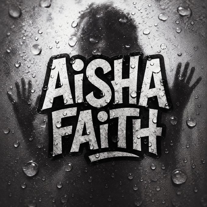 A logo for "AISHA FAITH" displayed in bold textured white letters over a dark, rainy background with water droplets.