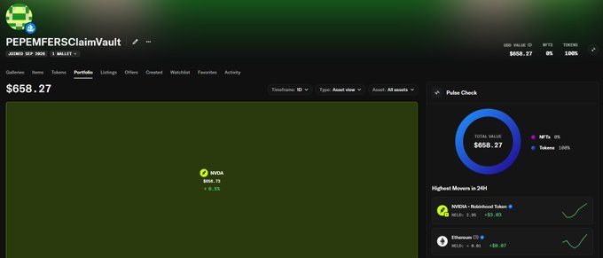 A DEX Screener analytics page showing PEPEMFERSClaimVault token with $658.27 total value and a token portfolio dominated by NVDA.